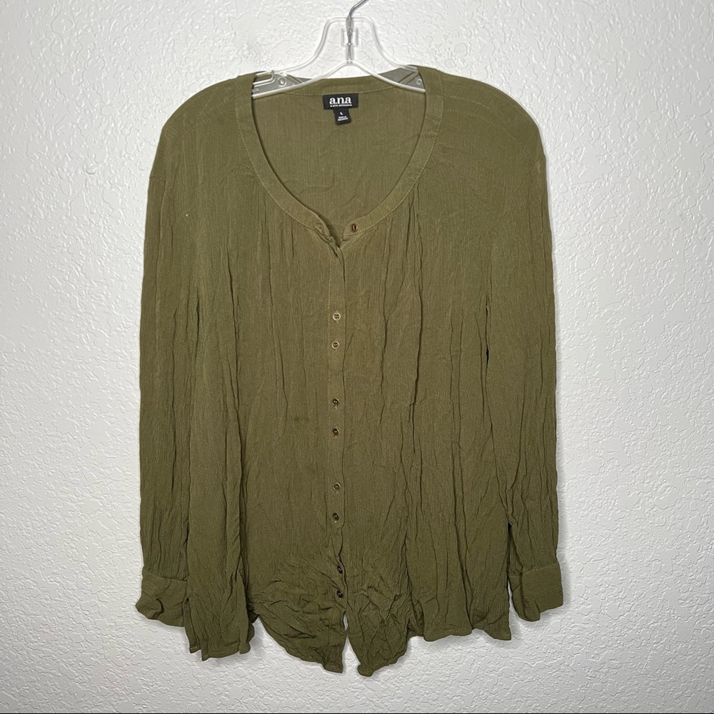 A.N.A. Womens Long Sleeve Green Button Up Blouse Shirt Casual Fall Cottage Large